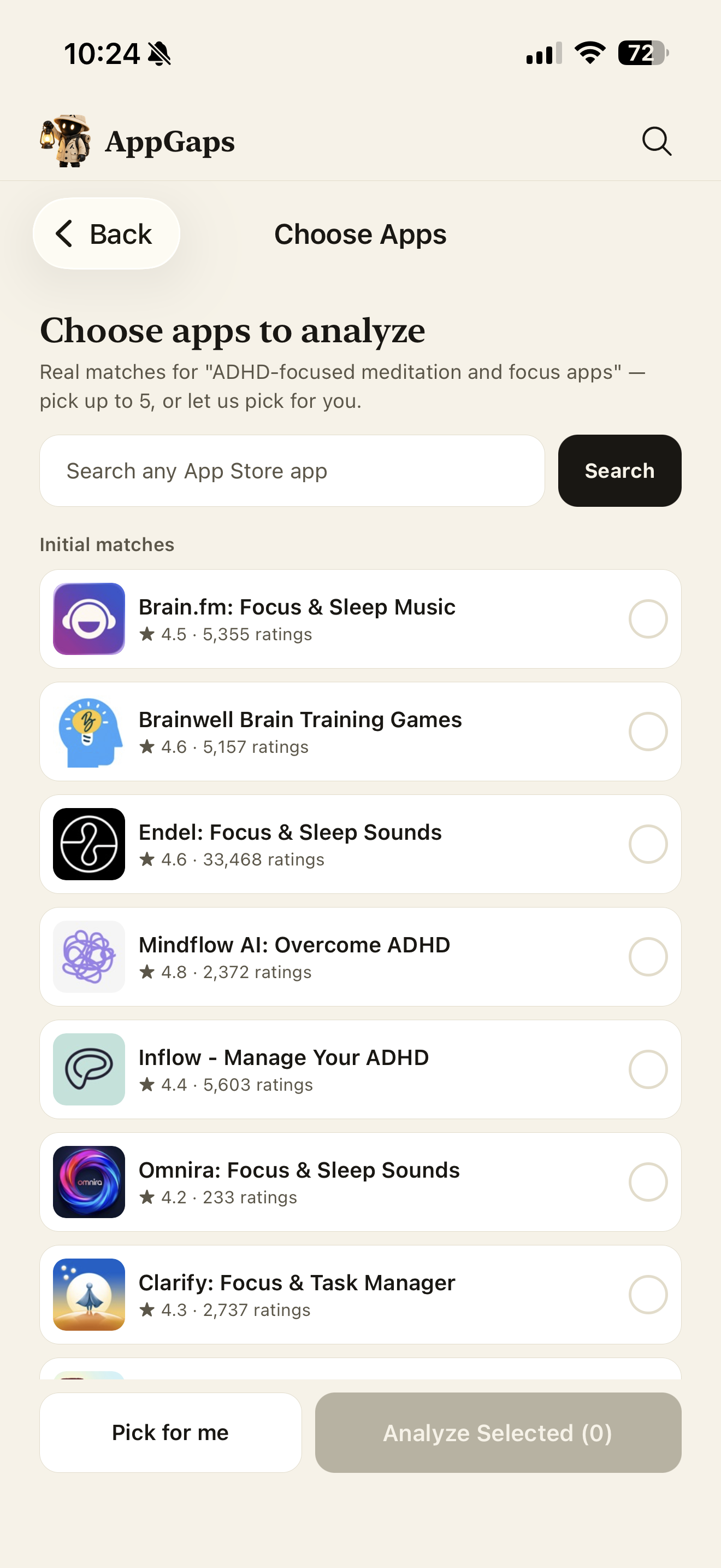 Pick the apps to analyze — AppGaps app screen