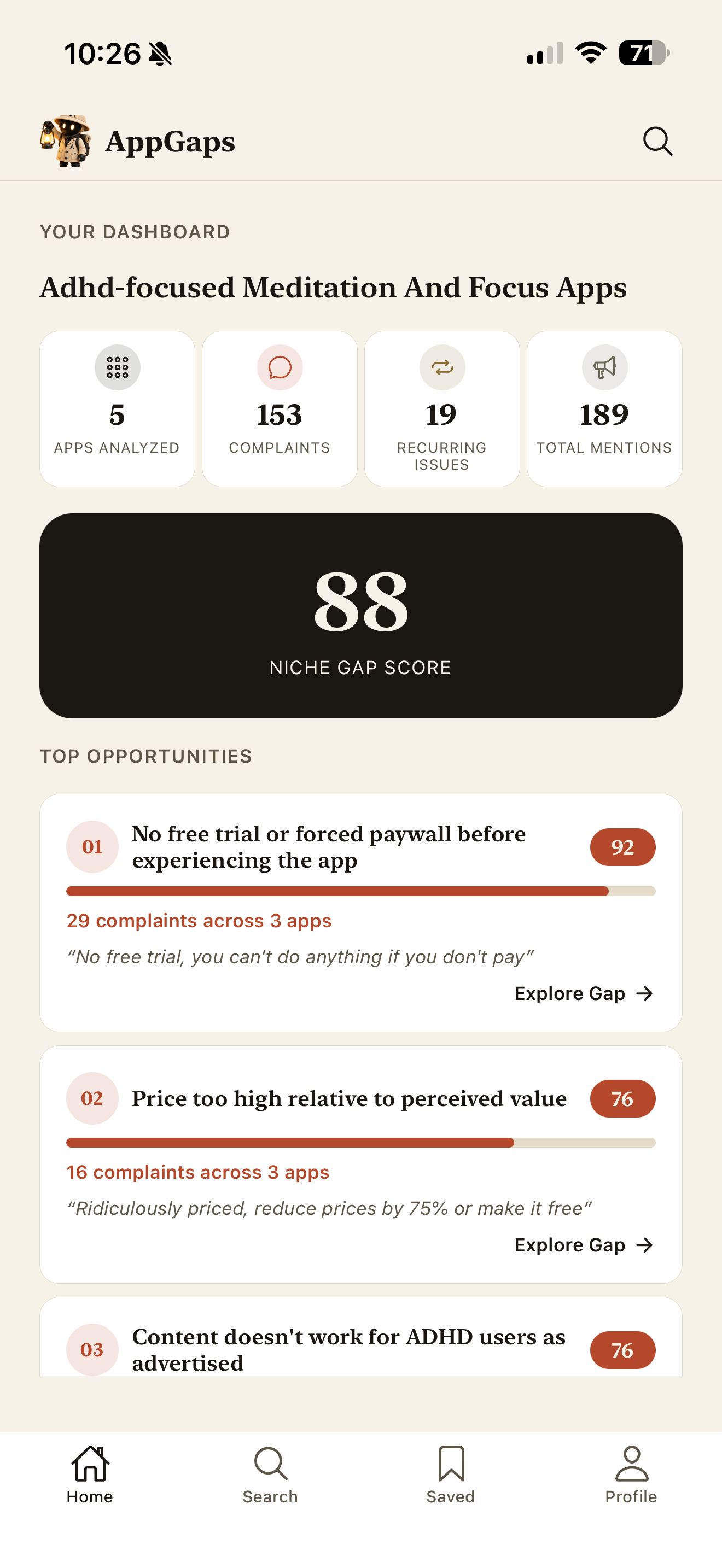 See the whole niche at a glance — AppGaps app screen