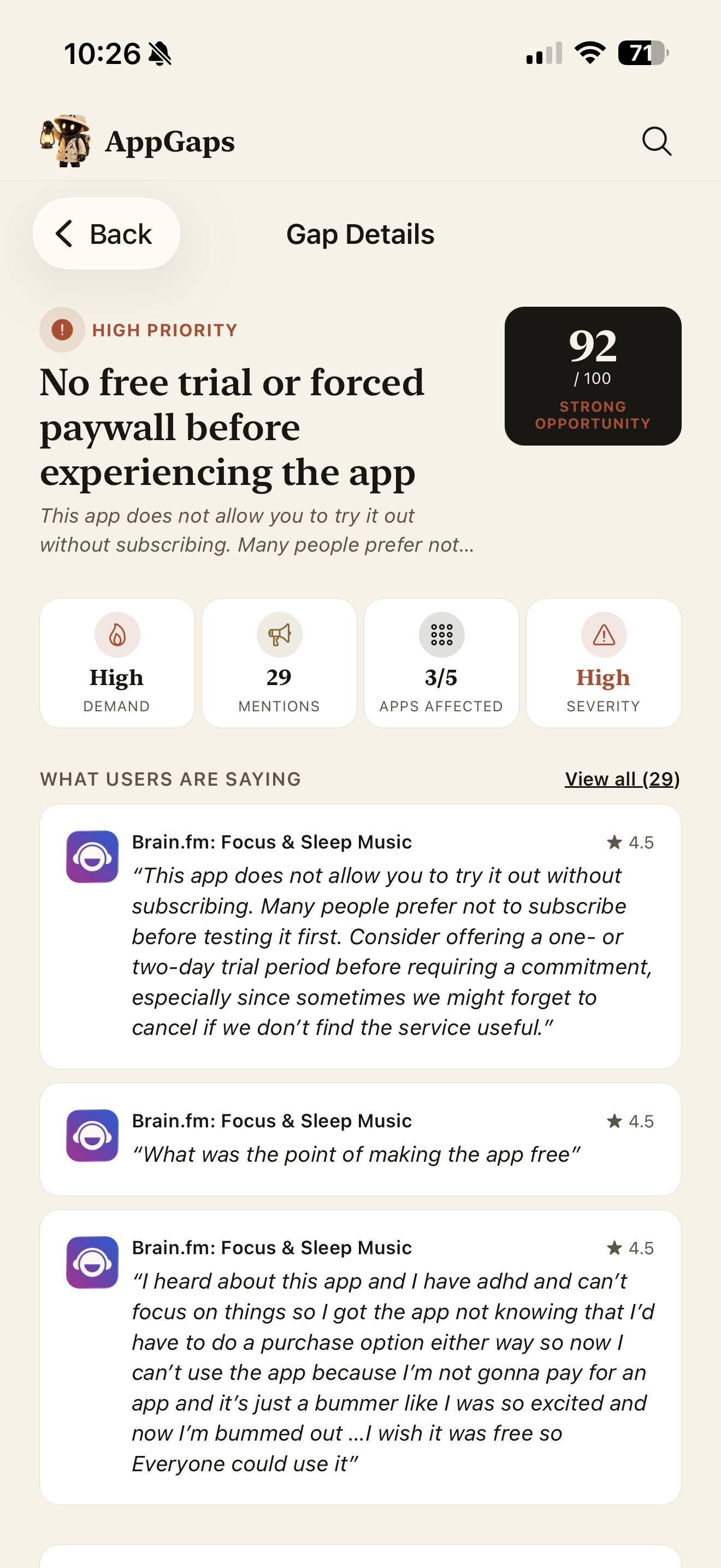 Read what users actually say — AppGaps app screen